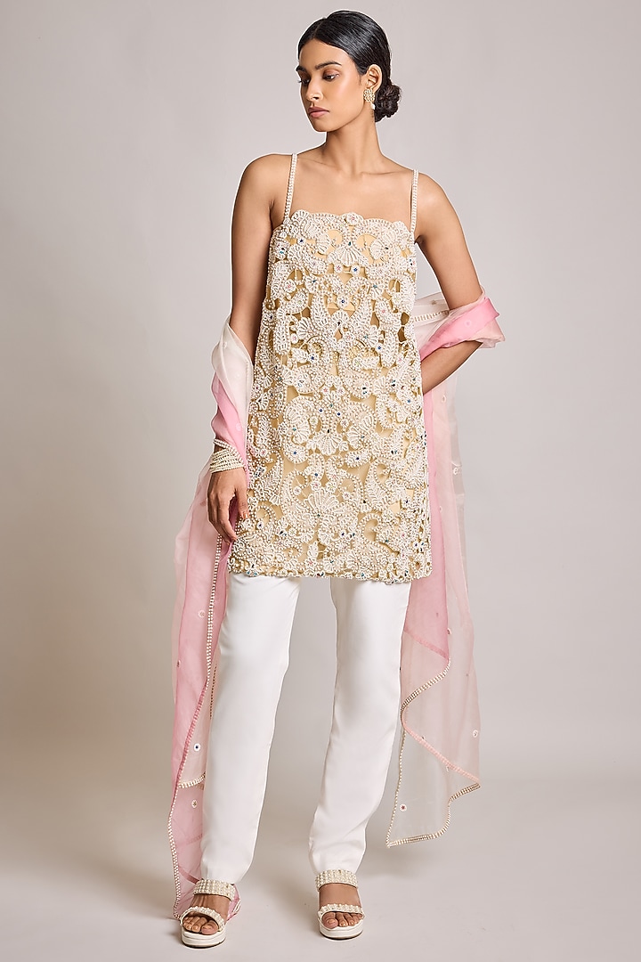 Ivory Net & Georgette Pearl Embroidered Kurta Set by SurilyG at Pernia's Pop Up Shop