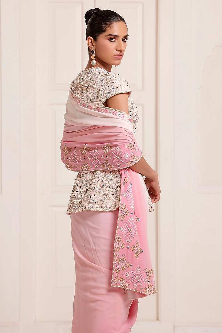 Ivory-Pink Silk & Georgette Ombre Bridal Saree Set by SurilyG at Pernia's Pop Up Shop