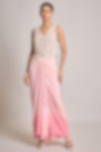Ivory-Pink Silk & Georgette Ombre Draped Skirt Set by SurilyG at Pernia's Pop Up Shop
