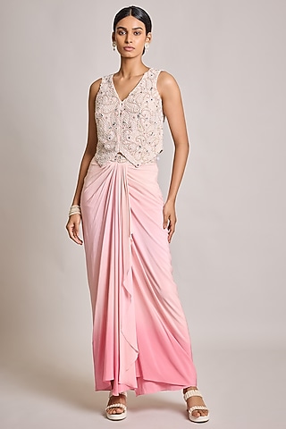 Ivory-Pink Silk & Georgette Ombre Draped Skirt Set by SurilyG
