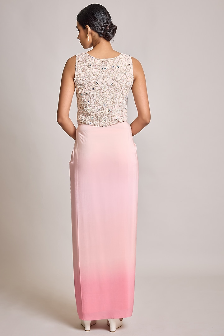 Ivory-Pink Silk & Georgette Ombre Draped Skirt Set by SurilyG at Pernia's Pop Up Shop