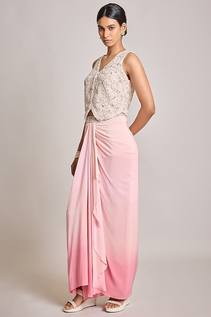 Ivory-Pink Silk & Georgette Ombre Draped Skirt Set by SurilyG at Pernia's Pop Up Shop