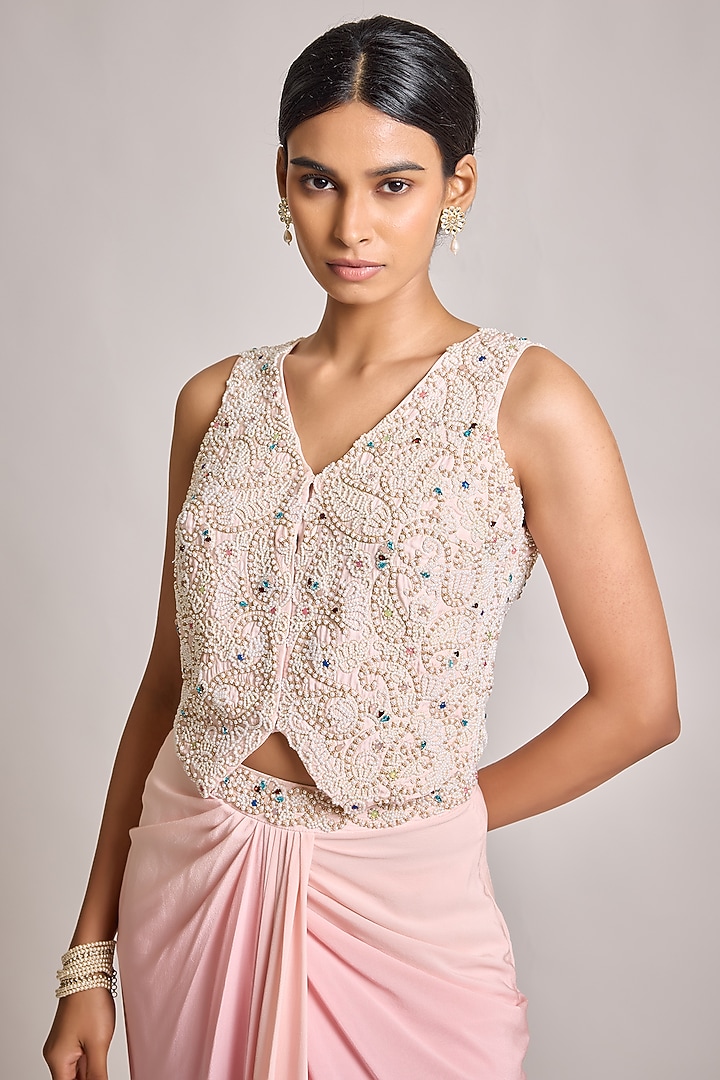 Ivory-Pink Silk & Georgette Ombre Draped Skirt Set by SurilyG at Pernia's Pop Up Shop
