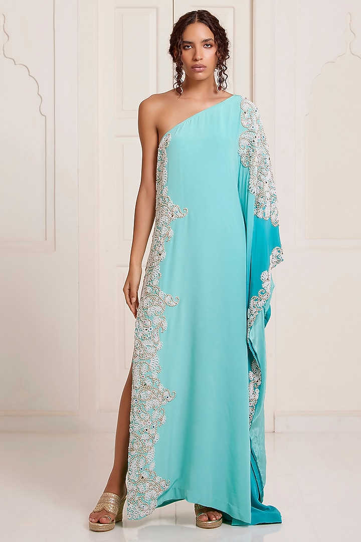 Turquoise Ombre Crepe One Shoulder Kaftan by SurilyG at Pernia's Pop Up Shop