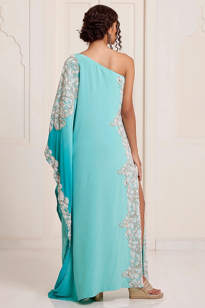 Turquoise Ombre Crepe One Shoulder Kaftan by SurilyG at Pernia's Pop Up Shop