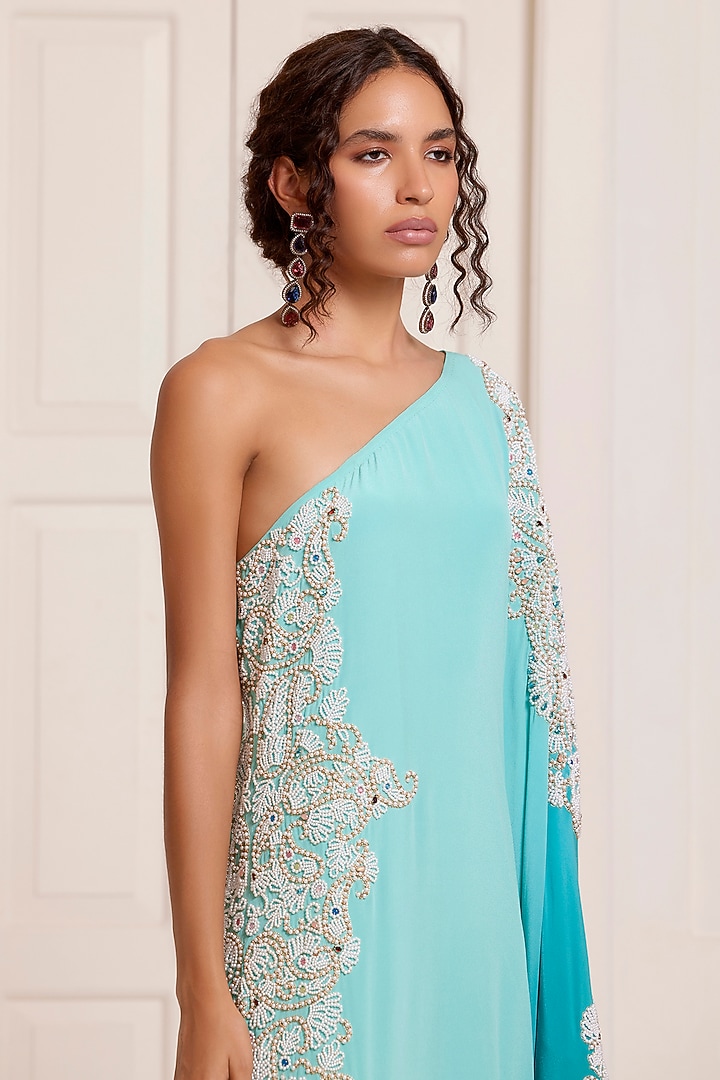 Turquoise Ombre Crepe One Shoulder Kaftan by SurilyG at Pernia's Pop Up Shop