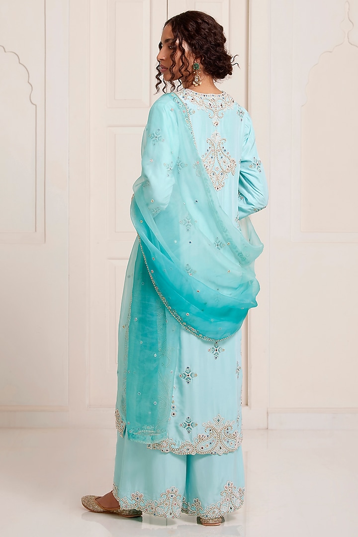 Turquoise Silk Pearl Embroidered Kurta Set by SurilyG at Pernia's Pop Up Shop