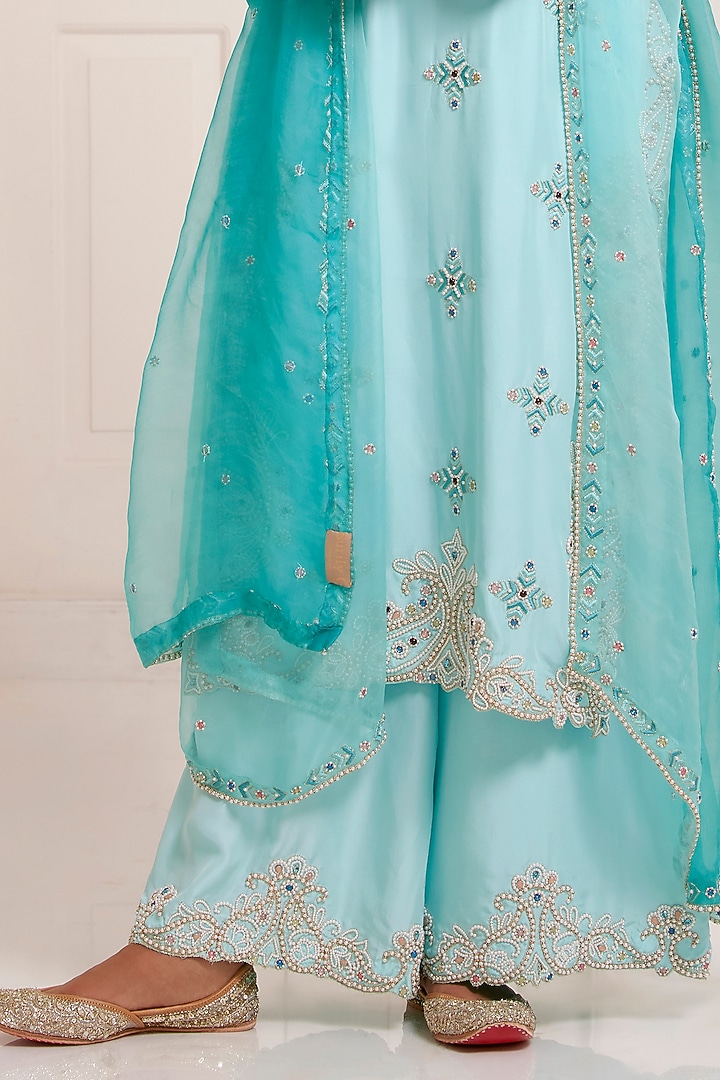 Turquoise Silk Pearl Embroidered Kurta Set by SurilyG at Pernia's Pop Up Shop