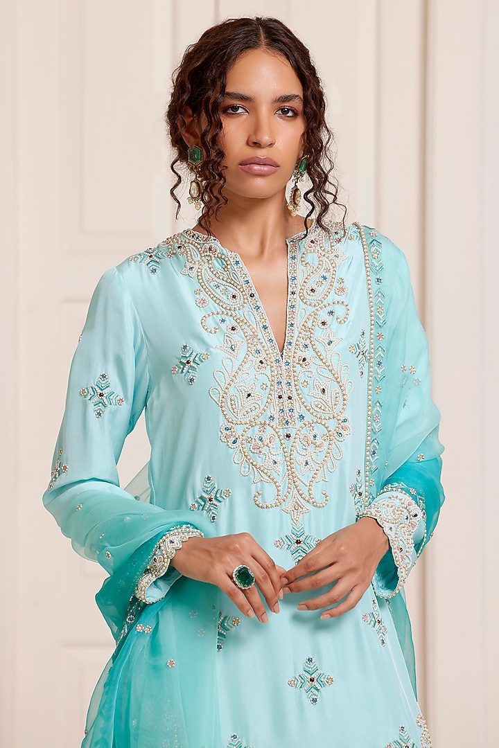 Turquoise Silk Pearl Embroidered Kurta Set by SurilyG at Pernia's Pop Up Shop