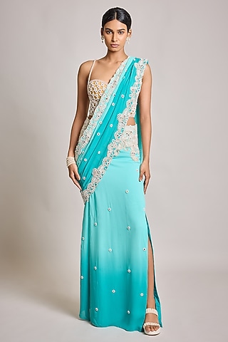 Turquoise Crepe & Net Pearl Embroidered Stitched Saree Set by SurilyG