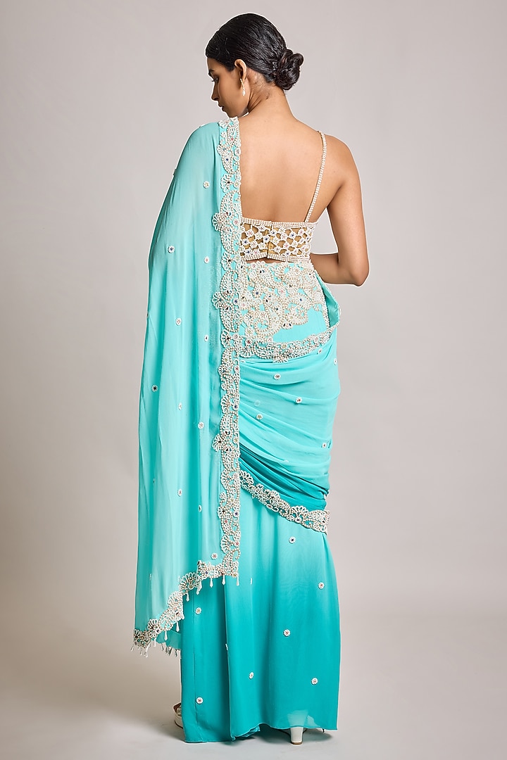Turquoise Crepe & Net Pearl Embroidered Stitched Bridal Saree Set by SurilyG at Pernia's Pop Up Shop