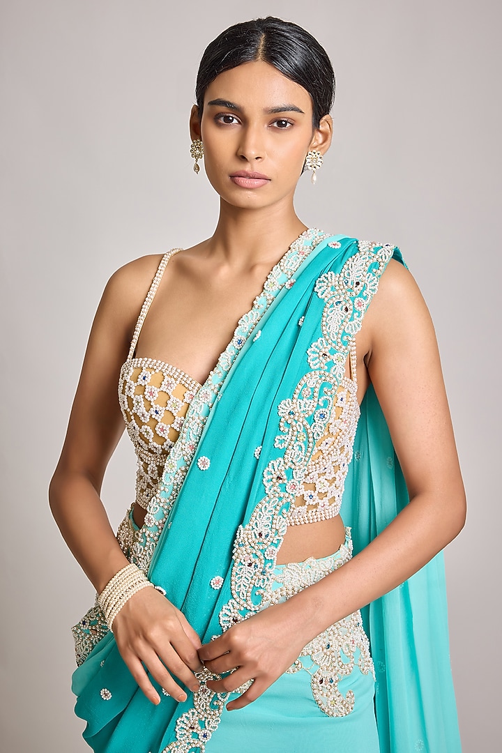 Turquoise Crepe & Net Pearl Embroidered Stitched Bridal Saree Set by SurilyG at Pernia's Pop Up Shop