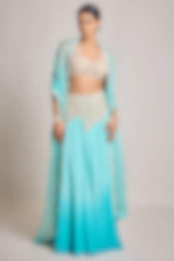 Turquoise Crepe & Net Pearl Embroidered Bridal Lehenga Set by SurilyG at Pernia's Pop Up Shop