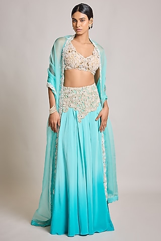 Turquoise Crepe & Net Pearl Embroidered Lehenga Set by SurilyG