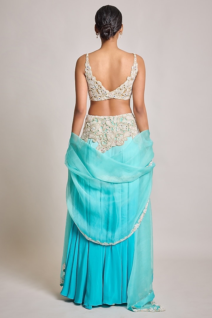 Turquoise Crepe & Net Pearl Embroidered Bridal Lehenga Set by SurilyG at Pernia's Pop Up Shop