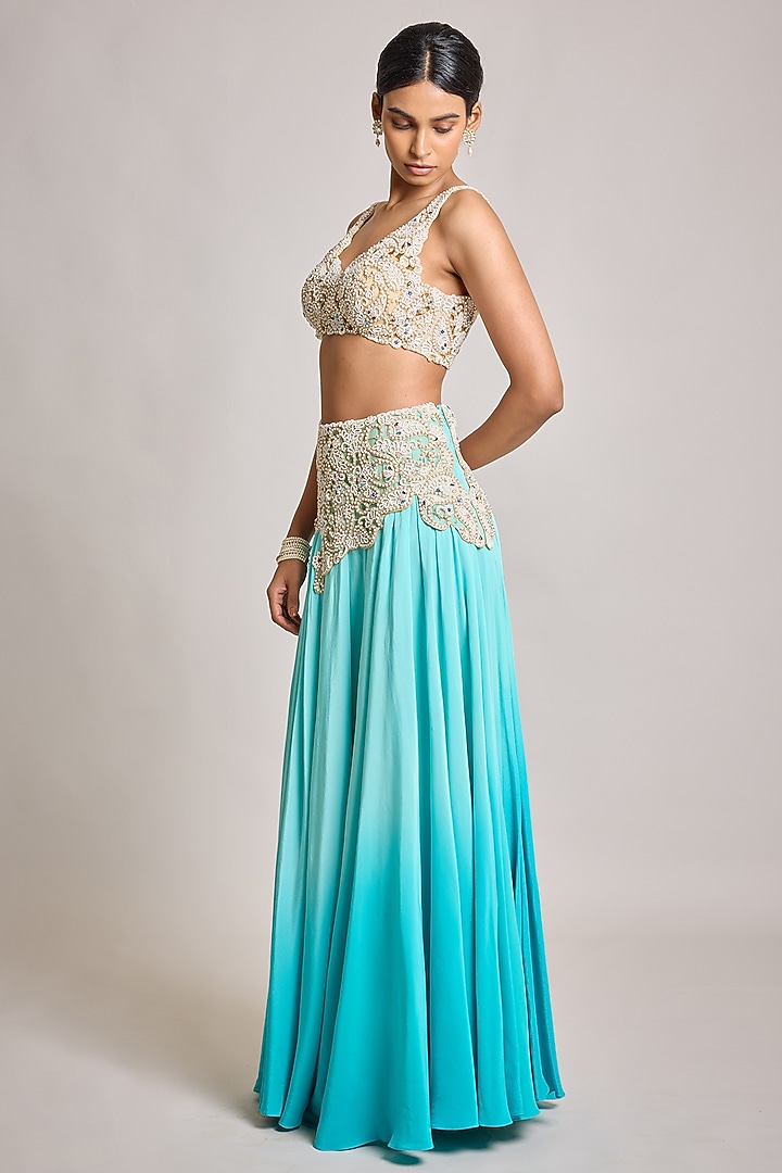 Turquoise Crepe & Net Pearl Embroidered Bridal Lehenga Set by SurilyG at Pernia's Pop Up Shop