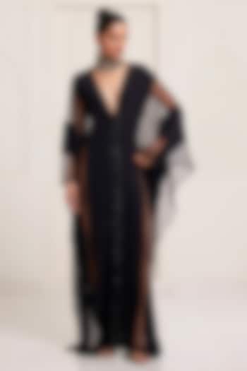 Black Crepe & Net Embellished Kaftan by SurilyG at Pernia's Pop Up Shop