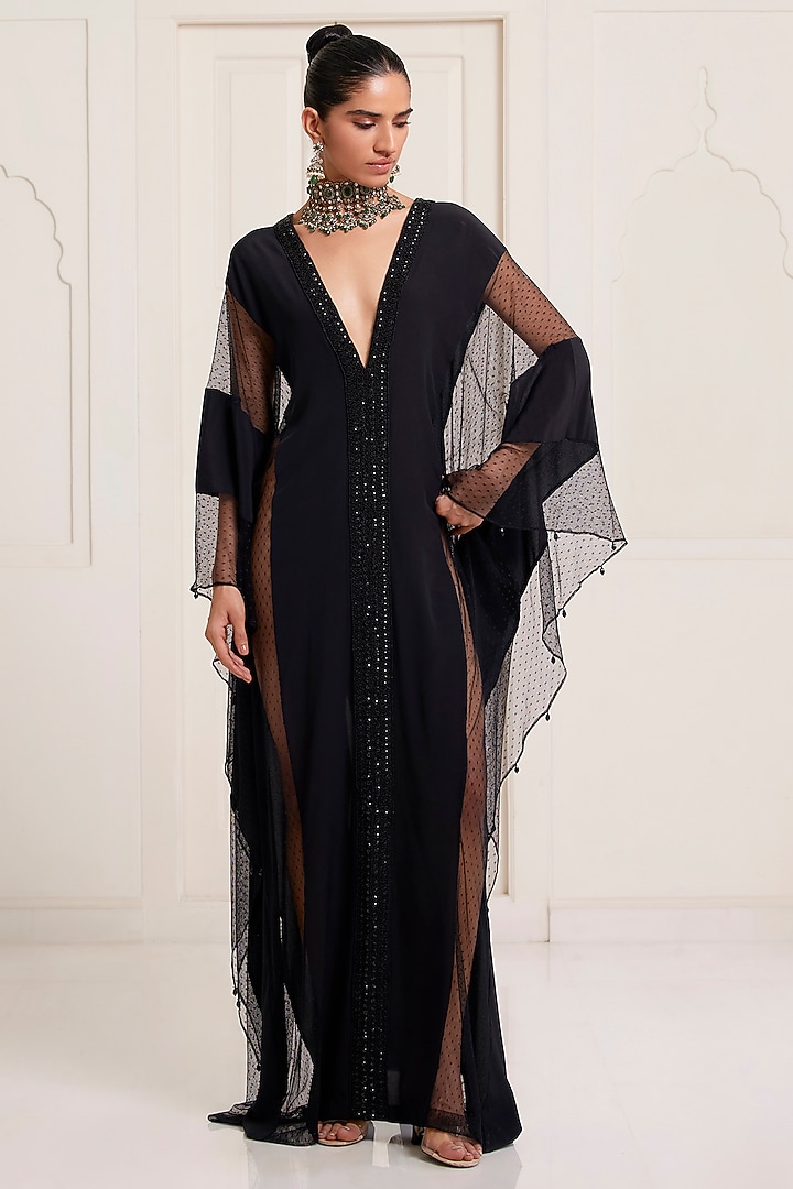 Black Crepe & Net Embellished Kaftan by SurilyG at Pernia's Pop Up Shop