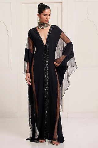 knee length dresses for ladies Black Embroidered Fancy Long Sleeve Mermaid Hijab Henna Party Kaftan Dress main image 0