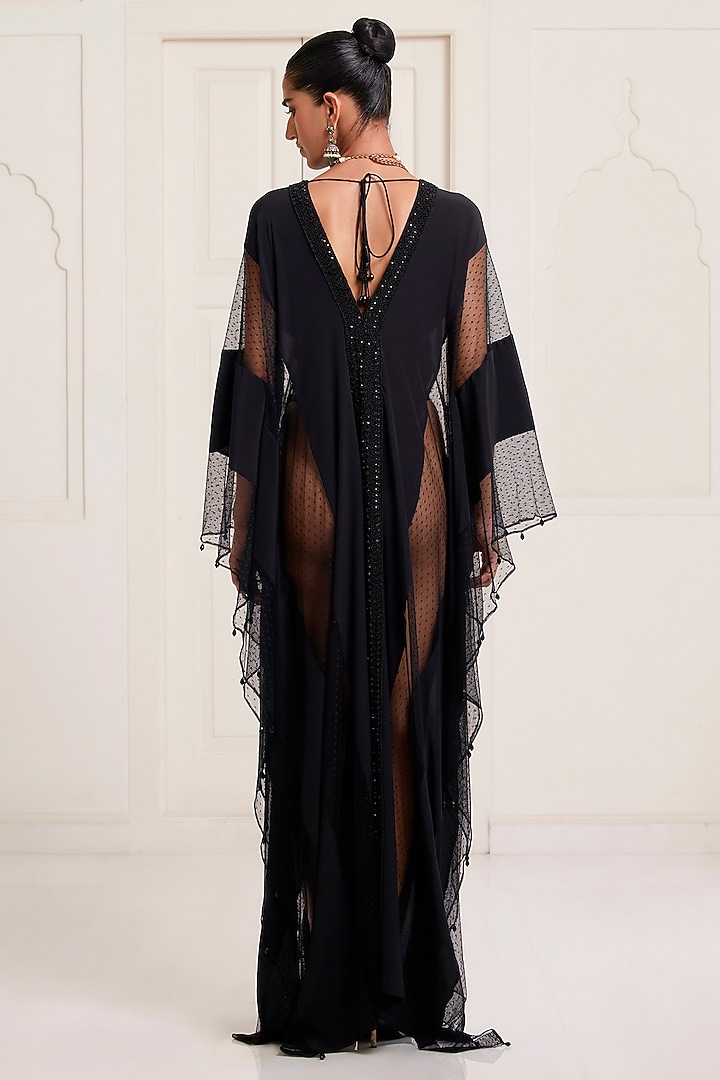 Black Crepe & Net Embellished Kaftan by SurilyG at Pernia's Pop Up Shop