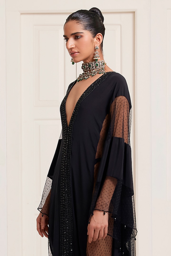 Black Crepe & Net Embellished Kaftan by SurilyG at Pernia's Pop Up Shop