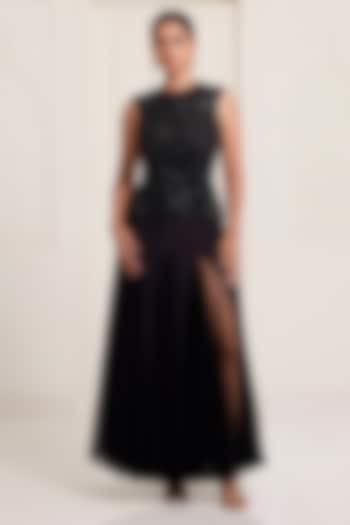 Black Crepe & Net Embellished Skirt Set by SurilyG at Pernia's Pop Up Shop