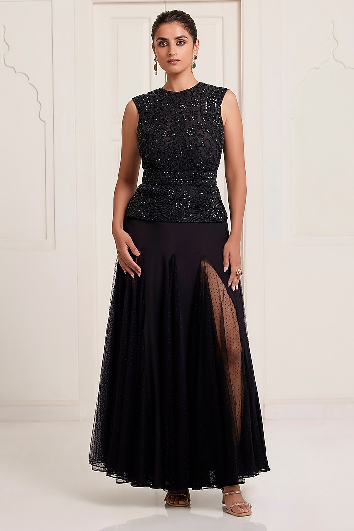 Black Crepe & Net Embellished Skirt Set by SurilyG at Pernia's Pop Up Shop