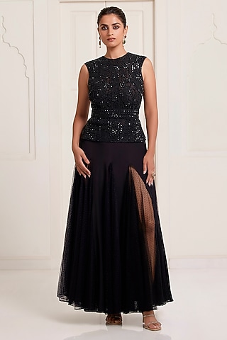 Black Crepe & Net Embellished Skirt Set by SurilyG