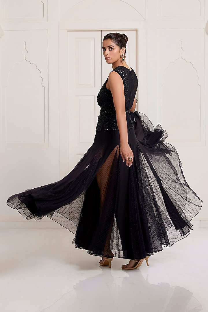 Black Crepe & Net Embellished Skirt Set by SurilyG at Pernia's Pop Up Shop
