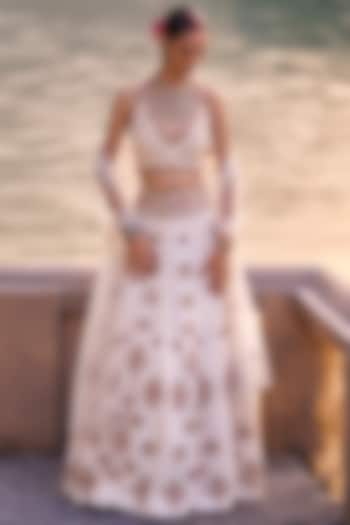 Ivory & Red Crepe Embroidered Bridal Lehenga Set by SurilyG at Pernia's Pop Up Shop