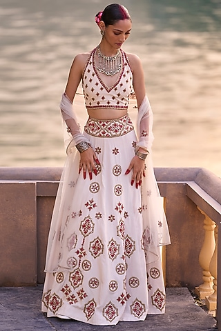 Ivory & Red Crepe Embroidered Lehenga Set by SurilyG