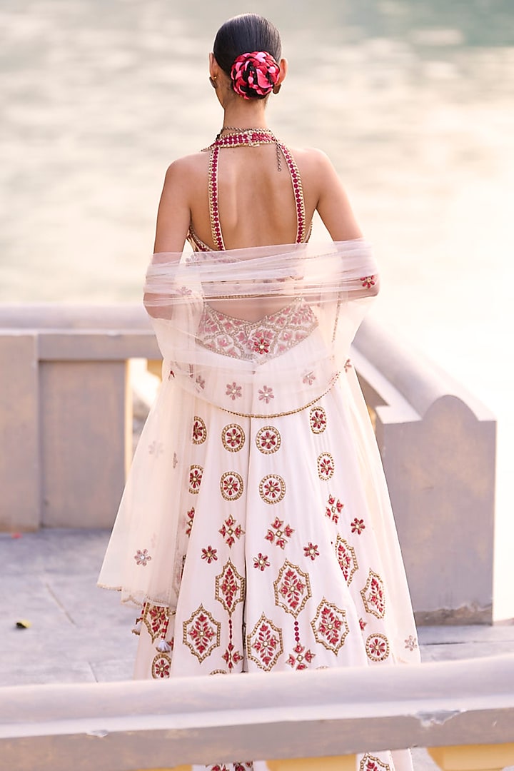 Ivory & Red Crepe Embroidered Bridal Lehenga Set by SurilyG at Pernia's Pop Up Shop