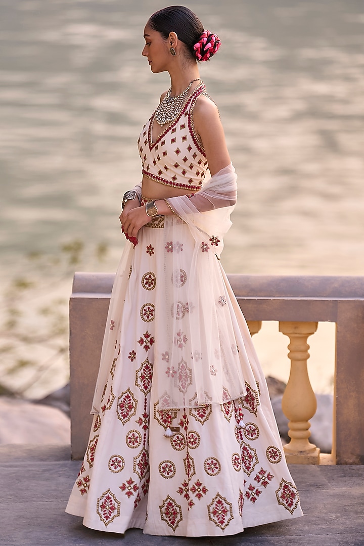 Ivory & Red Crepe Embroidered Bridal Lehenga Set by SurilyG at Pernia's Pop Up Shop