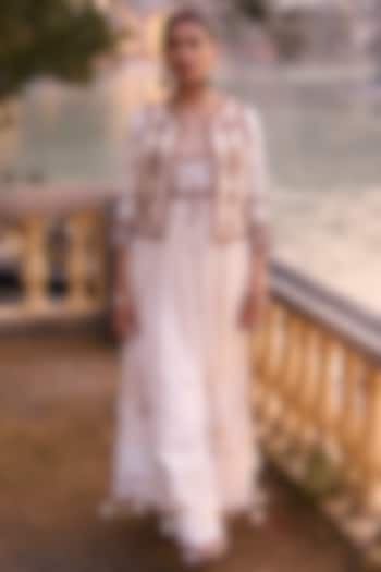 Ivory & Red Crepe Embroidered Bridal Anarkali Set by SurilyG at Pernia's Pop Up Shop