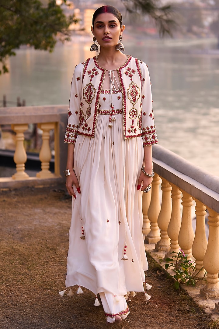 Ivory & Red Crepe Embroidered Bridal Anarkali Set by SurilyG at Pernia's Pop Up Shop