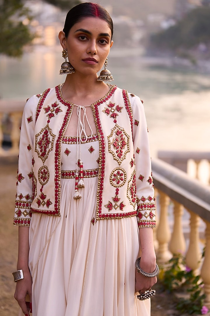 Ivory & Red Crepe Embroidered Bridal Anarkali Set by SurilyG at Pernia's Pop Up Shop
