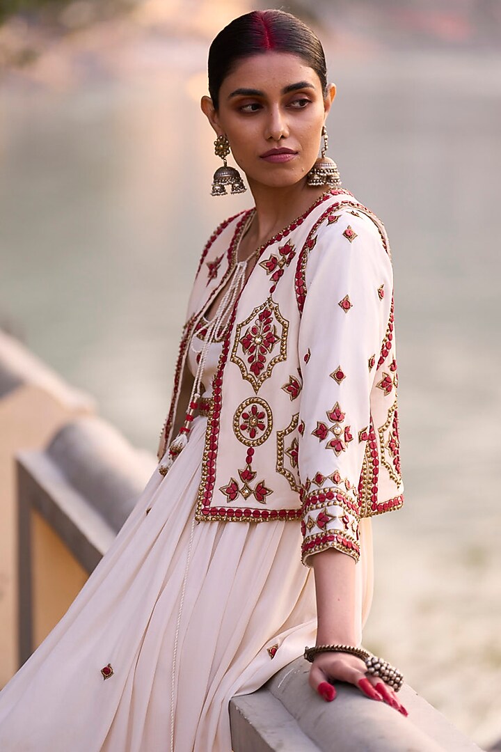 Ivory & Red Crepe Embroidered Bridal Anarkali Set by SurilyG at Pernia's Pop Up Shop