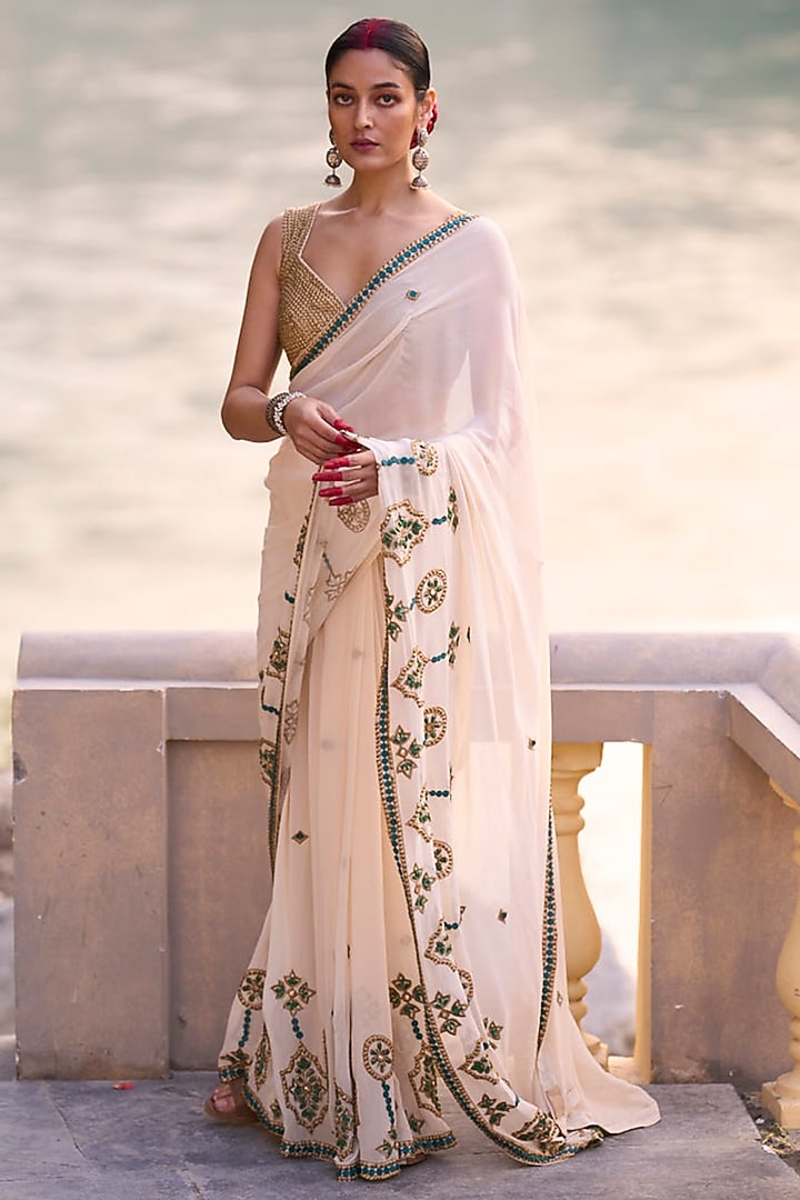 Ivory & Green Crepe Embroidered Bridal Saree Set by SurilyG at Pernia's Pop Up Shop
