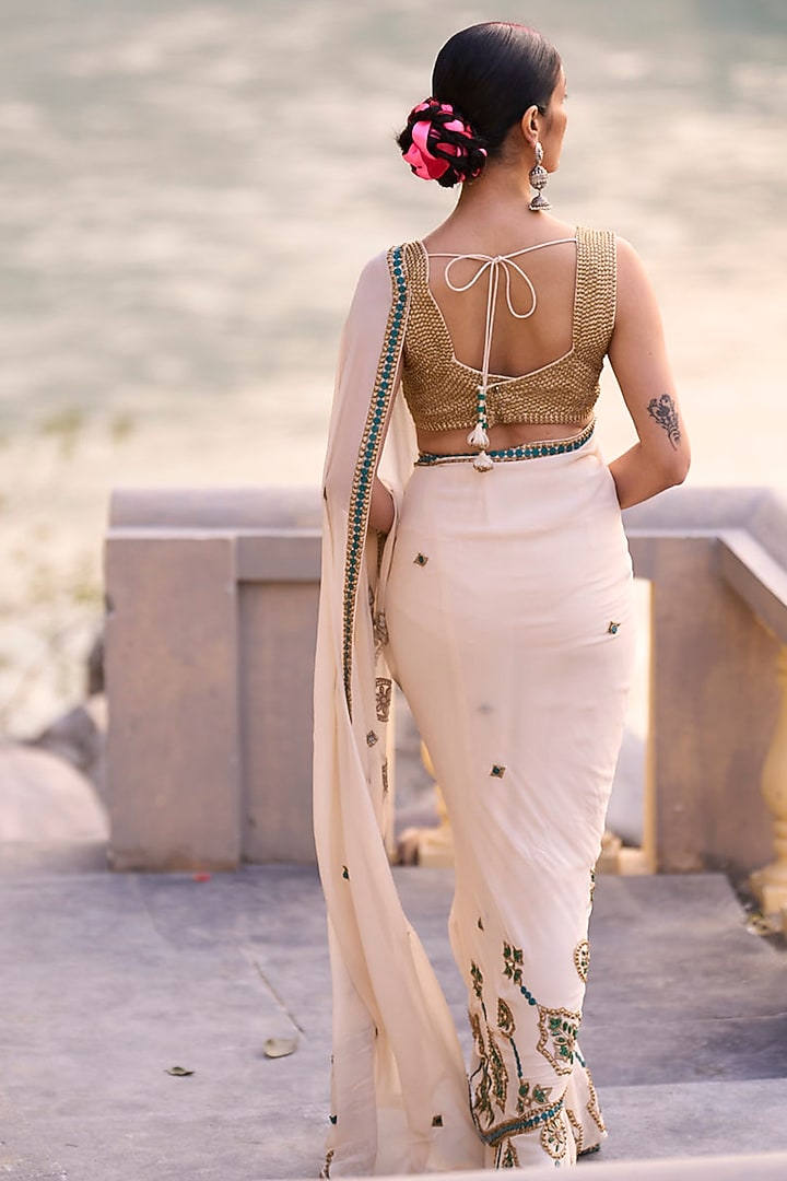 Ivory & Green Crepe Embroidered Bridal Saree Set by SurilyG at Pernia's Pop Up Shop