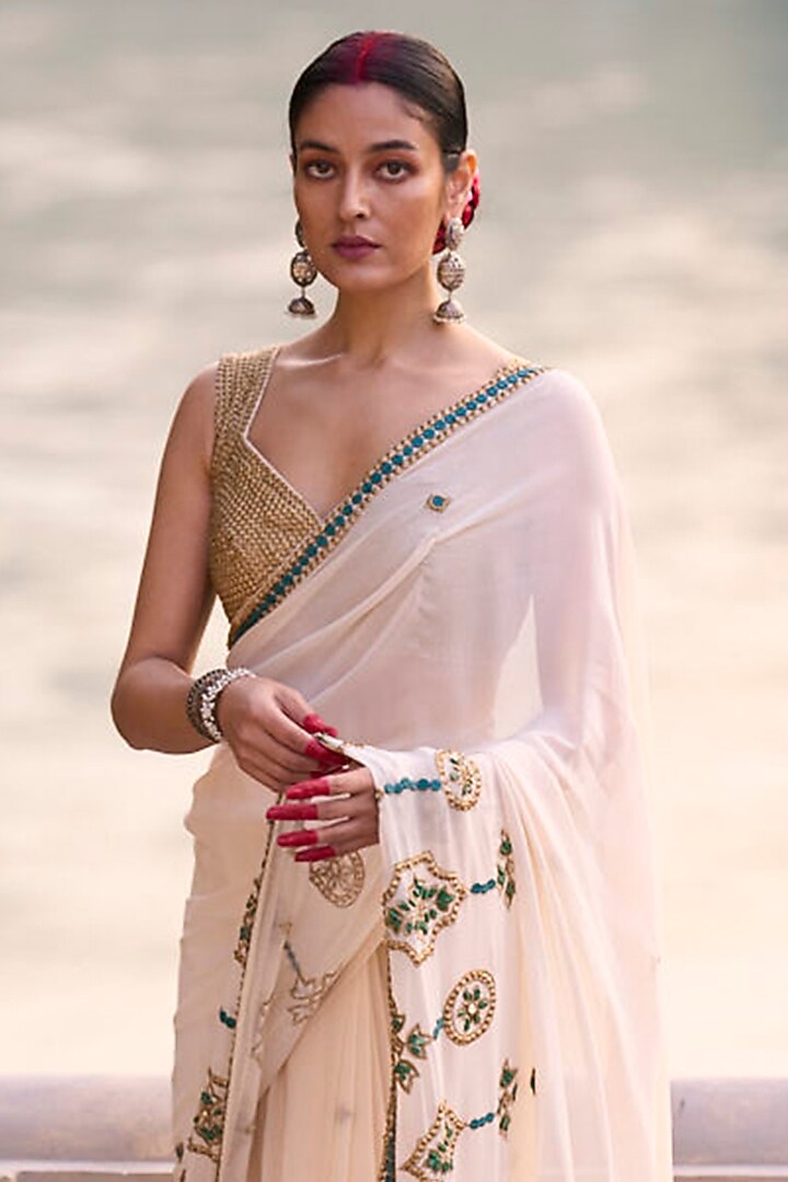 Ivory & Green Crepe Embroidered Bridal Saree Set by SurilyG at Pernia's Pop Up Shop