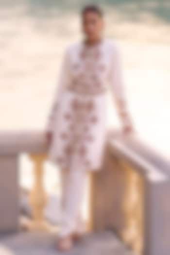 Ivory & Red Crepe Embroidered Jacket Set by SurilyG at Pernia's Pop Up Shop