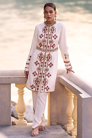 Ivory & Red Crepe Embroidered Jacket Set by SurilyG