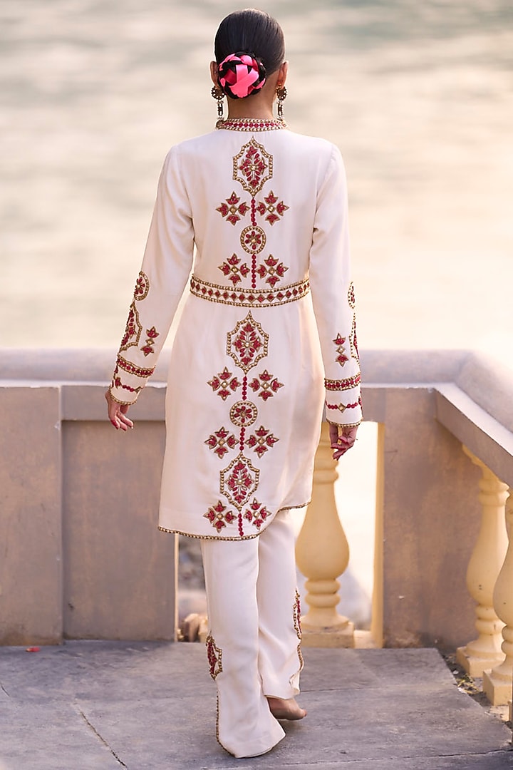 Ivory & Red Crepe Embroidered Jacket Set by SurilyG at Pernia's Pop Up Shop
