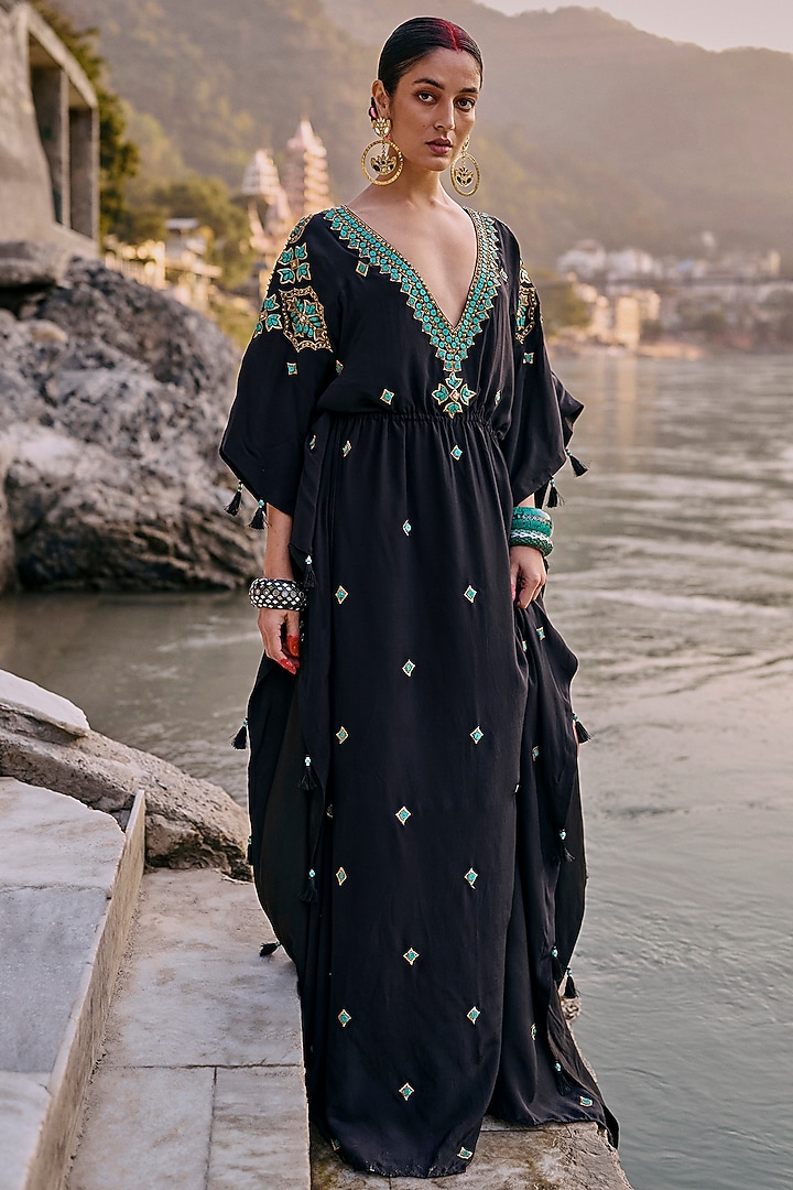 Black Pure Crepe Kaftan by SurilyG at Pernia's Pop Up Shop