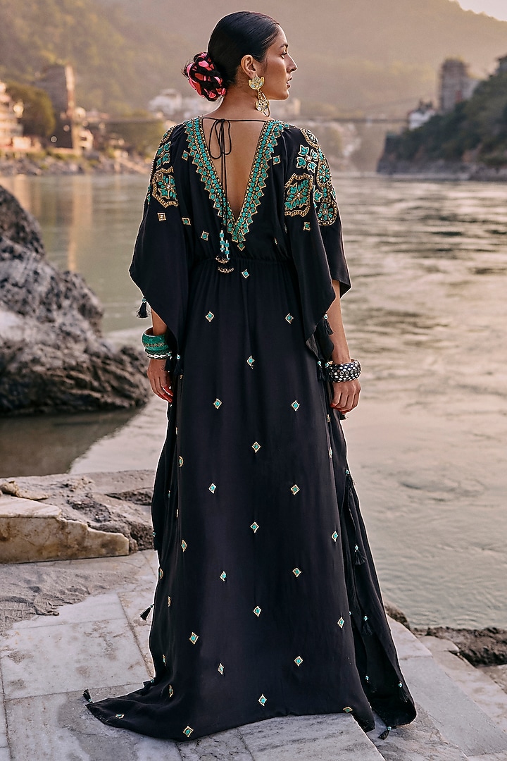 Black Crepe Embroidered Kaftan by SurilyG at Pernia's Pop Up Shop