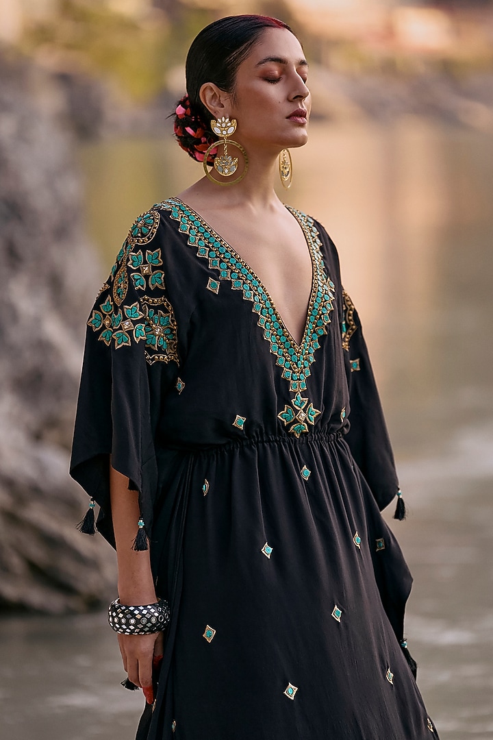 Black Crepe Embroidered Kaftan by SurilyG at Pernia's Pop Up Shop