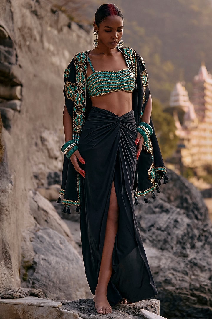 Black Crepe & Lycra Draped Skirt Set by SurilyG at Pernia's Pop Up Shop