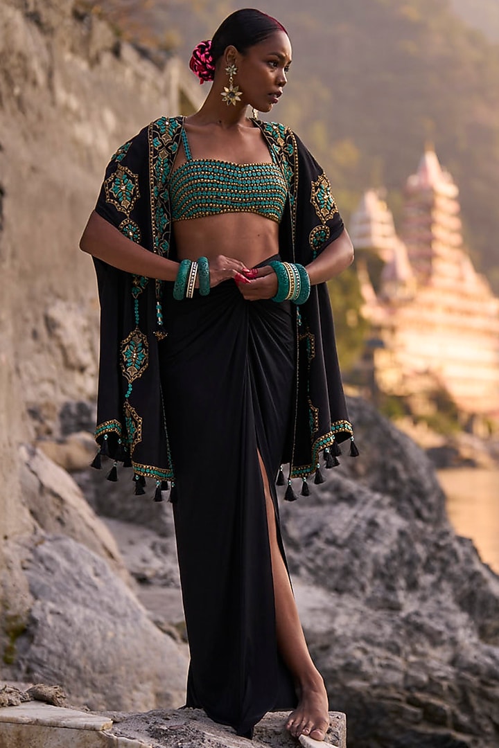 Black Crepe & Lycra Draped Skirt Set by SurilyG at Pernia's Pop Up Shop
