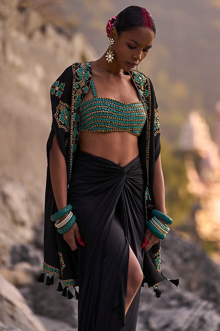 Black Crepe & Lycra Draped Skirt Set by SurilyG at Pernia's Pop Up Shop