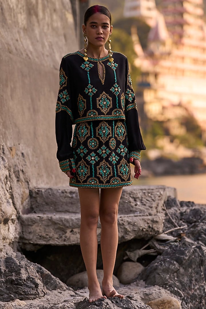 Black Crepe Embroidered Mini Skirt Set by SurilyG at Pernia's Pop Up Shop